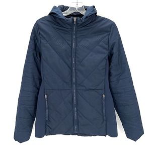 Fabletics athletic Sedona quilted women’s full zip retractable hood blue jacket